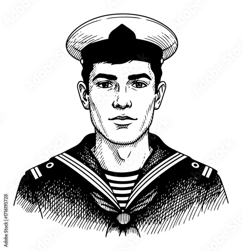 Hand Drawn Portrait of a Young Sailor in Uniform