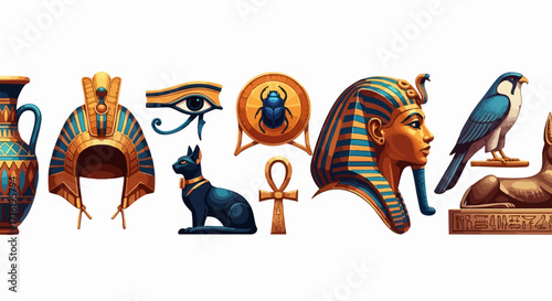 Discover ancient Egyptian symbols like pharaohs, ankh, eye of Horus, cats, and scarabs for historical projects.