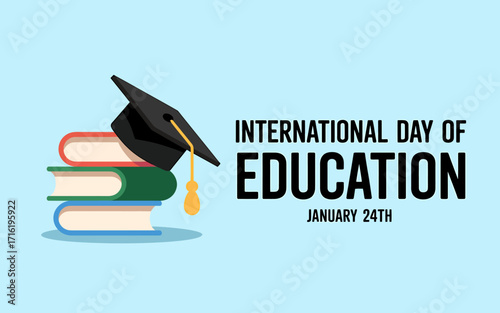 International Day of Education on January 24th vector design with a graduation cap on a stack of colorful books for global learning awareness.