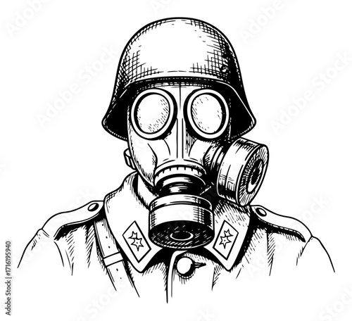Soldier in a Gas Mask and Helmet Vintage Sketch