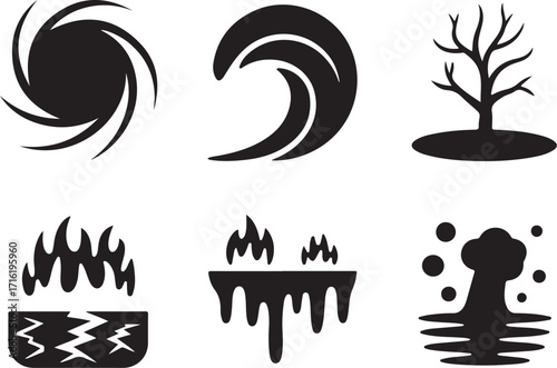 Dynamic icons representing natural disasters and environmental hazards