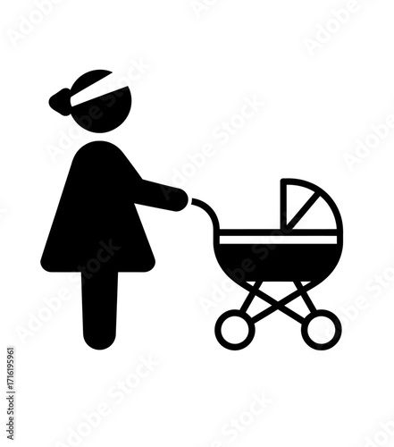 Silhouette of a mother pushing a stroller with a baby inside, representing parenthood and care