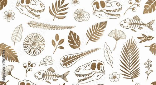 An illustration featuring various fossilized elements scattered across a white background.
