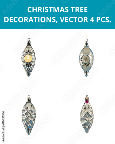 A set of four vintage Christmas tree ornaments reminiscent of lanterns and pine cones. 