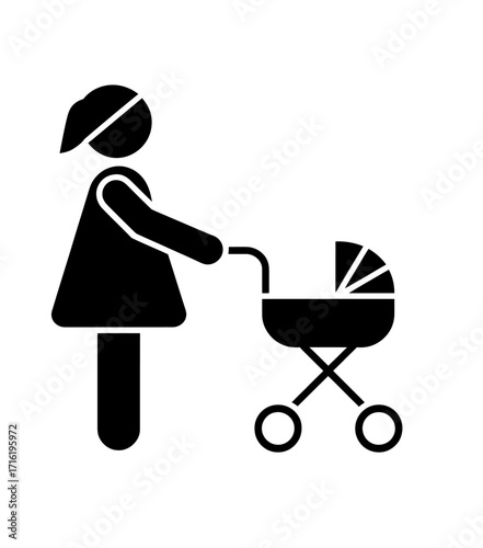 Mother with Baby Stroller Silhouette Family, Parenthood, and Childcare Icon Illustration