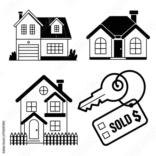 Illustrations of diverse house styles and a sold key tag, representing real estate and property ownership