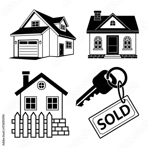 Real Estate Icons Houses, Keys, and 'Sold' Sign – Property Ownership Concept