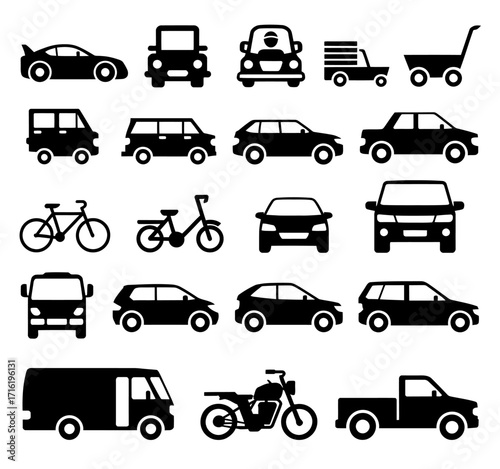Variety of Vehicle Silhouettes A Diverse Collection of Cars, Bikes, and Trucks for Design Projects
