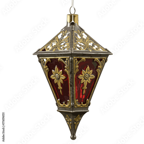 An exquisite vintage lantern with red glass details and gold patterns.
