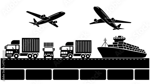 Global logistics and transportation network illustration with airplanes, trucks, and cargo ship