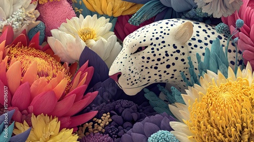 Surreal Dreamscape: A Snow Leopard Amidst a Burst of Floral Fantasy