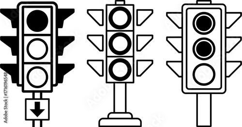A vector illustration set of traffic light icons. Black and white line art symbols for road safety and urban traffic control signals.