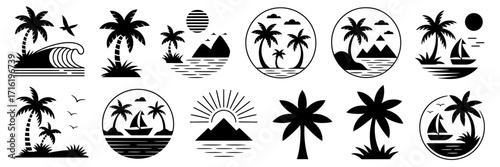 Collection of tropical beach logo templates. Black silhouette icons of palm trees on an island with ocean waves and a sun.