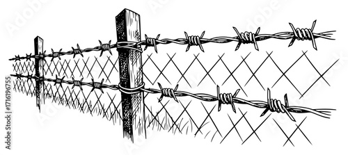 Barbed Wire Fence in a Vintage Sketch Style
