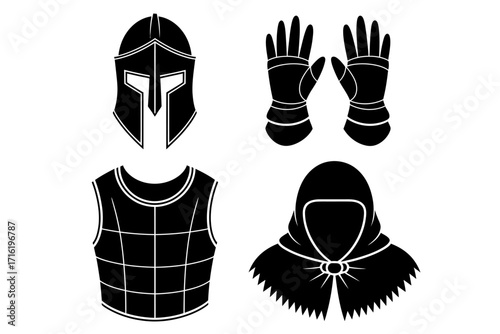 Collection of ancient and medieval warrior armor silhouettes. Vector icons of a helmet, gauntlets, body armor, and a cloak.