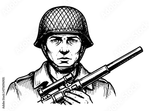 Vintage Portrait of a WW2 Soldier with a Bazooka