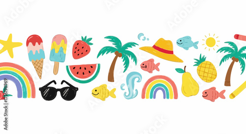 Vibrant summer icons like popsicles, strawberries, and palm trees evoke joyful vacation vibes