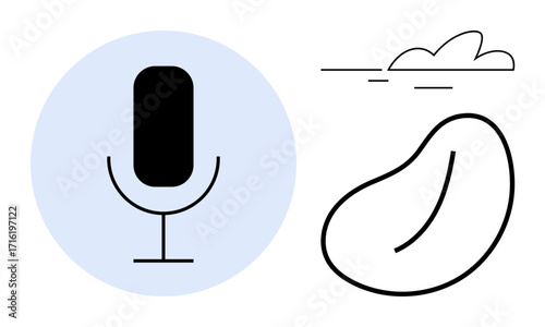 Microphone and abstract cloud and bean-thumbs up shapes symbolizing sound, creativity, communication, podcasting, audio design, voice technology, and digital interaction. A simple flat metaphor