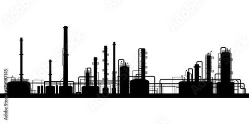 Industrial Silhouette Black and White Illustration of Refinery Structures