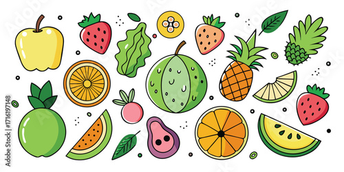 Vibrant assortment of fresh fruits and vegetables watercolor style artistic food collection