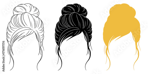Versatile Vector Illustration Set Trendy Messy Bun Hairstyles in Outline, Solid Black, and Blonde Tones, Ideal for Graphic Design Projects