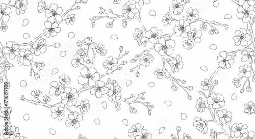 Elegant black and white repeating pattern of cherry blossoms.