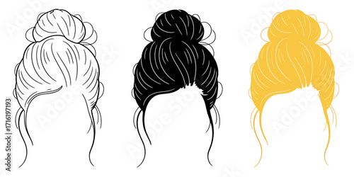 Messy Bun Hairstyle Illustrations Black, Blonde, White Hair Buns