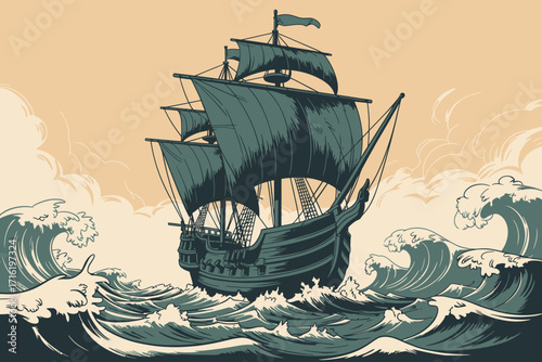 Vintage Illustration of a Caravel Sailing Through Rough Seas