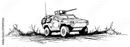 Armored Military Vehicle with Turret Off Road Illustration black shape vector laser cutting engraving monochrome print