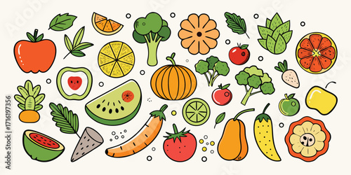 Vibrant assortment of fresh fruits and vegetables artfully arranged for healthy eating