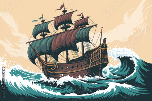 Vintage Ship in a Stormy Sea