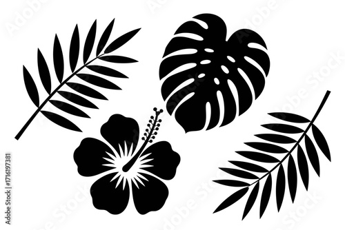 Tropical Silhouette Hibiscus, Monstera, and Palm Leaves Illustration