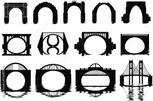 silhouette, bridge, reflection, water, arch, suspension, truss, span, structure, architecture, vector, black, icon, design, engineering, project, industrial, infrastructure, transport, element