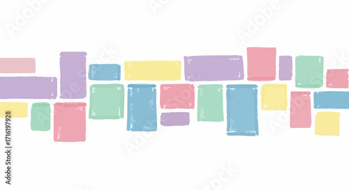An abstract arrangement of colorful, rounded rectangles in pastel shades against a white background, creating a playful and modern design.