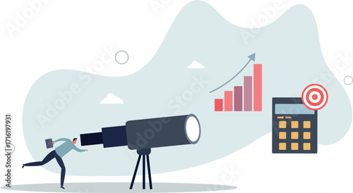 Cartoon tiny people search marketing information, analyze algorithms and statistic data with telescope.life and employment of people.
