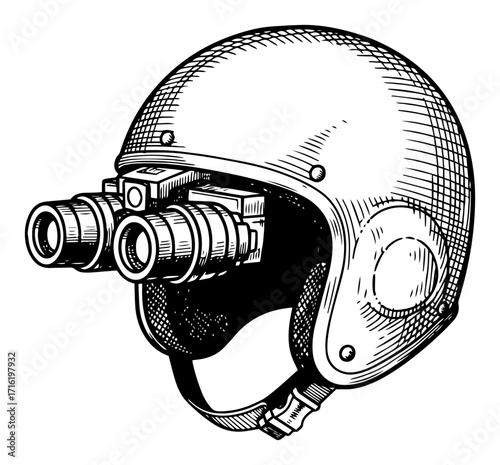 Military Helmet with Night Vision Goggles in a Sketch Style Black Shape Vector Laser Cutting Engraving Monochrome Print