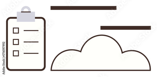 Clipboard checklist beside a cloud, symbolizing structured task management, cloud storage, data organization. Ideal for planning, computing, productivity, teamwork, workflow technology as a simple
