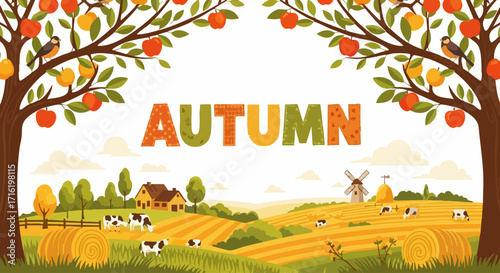 Celebrate autumn's harvest with a charming farm scene, perfect for seasonal designs and welcoming fall vibes