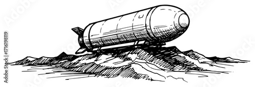 Hand Drawn Sketch of a Crashed Rocket in a Desolate Landscape