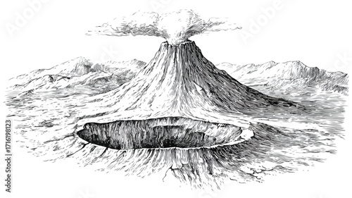 A Detailed Illustration of a Volcano with Lava Flow