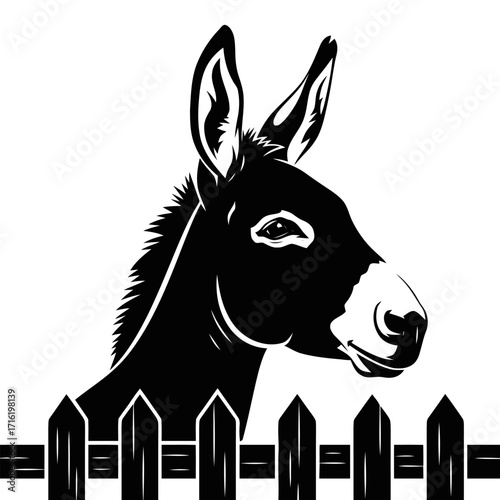 Vivid black and white vector illustration of a donkey gazing over a fence, a unique graphic 
