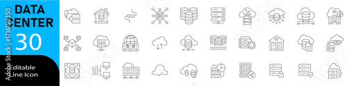 Data Center icon set in line vector style with modern minimal design showing servers, cloud computing, storage, database, networking, security, technology and digital infrastructure concepts