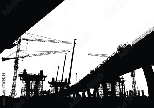 silhouette, bridge, construction, crane, pier, deck, span, tower, beam, scaffold, site, vector, black, icon, design, industrial, engineering, project, infrastructure, transport