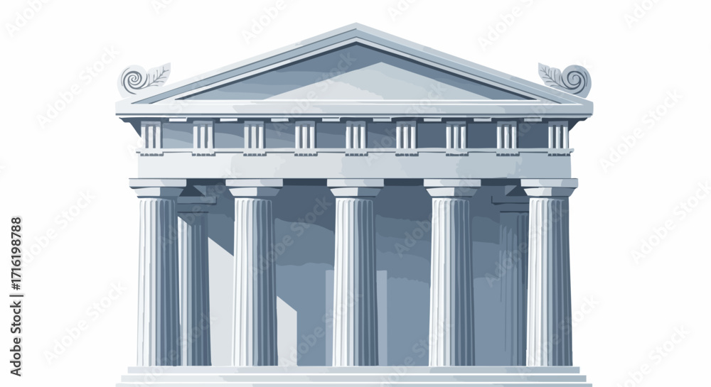 Obraz premium Illustration of a classical Greek temple facade with columns, pediment, and architectural details against a white background.