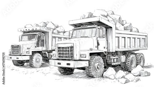 Professional Drawing of Dump Trucks with Rocks Pile for Construction Site