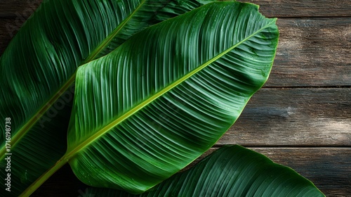Fresh green banana leaves on wooden background.