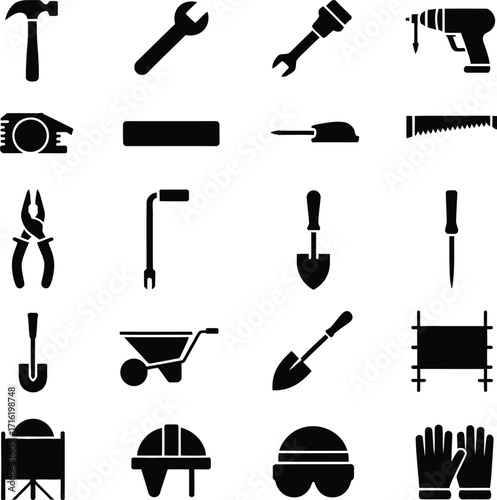 Minimalist construction and safety tool icons set Hammer, drill, gloves, helmet, shovel, wheelbarrow, scaffold vector pack for industrial, building & safety use