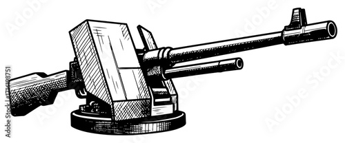 Hand Drawn Sketch of a Mounted Heavy Machine Gun