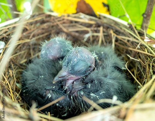 Two baby birds nestled in a nest