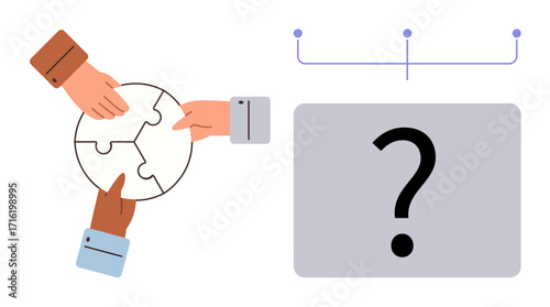 Hands assembling puzzle pieces, question mark diagram on the side. Ideal for teamwork, collaboration, problem-solving, strategy, ideas, connection and planning. Minimal flat metaphor